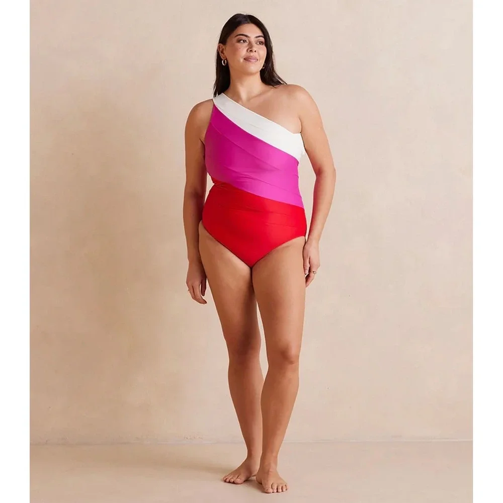 Summersalt The Sidestroke One Shoulder Swimsuit Colorblock Pink White Red 14LT